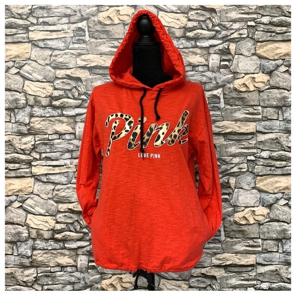 #4 PINK Victoria’s Secret Red Cheetah Hoodie Drawstring Lightweight Top Shirt XS - Picture 1 of 5